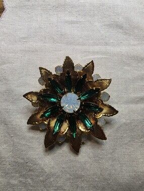 Vintage Gold-Tone Floral Brooch with Emerald Green Crystals and Opalite Stones